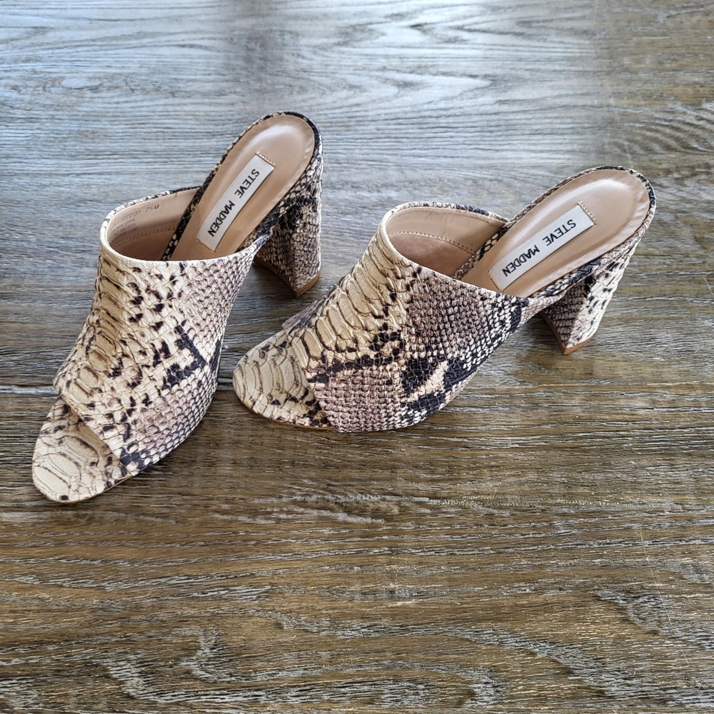 Steve Madden SLES01S1 Snakeskin Print Block Heel Mules Neutral Tan Size 7.5M - Picture 1 of 7